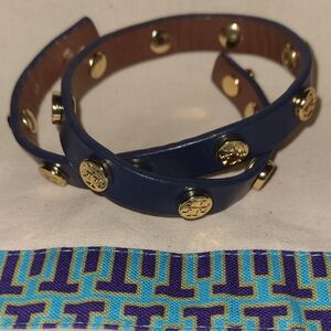 Tory Burch Navy Leather Wrap Bracelet with Gold Accents